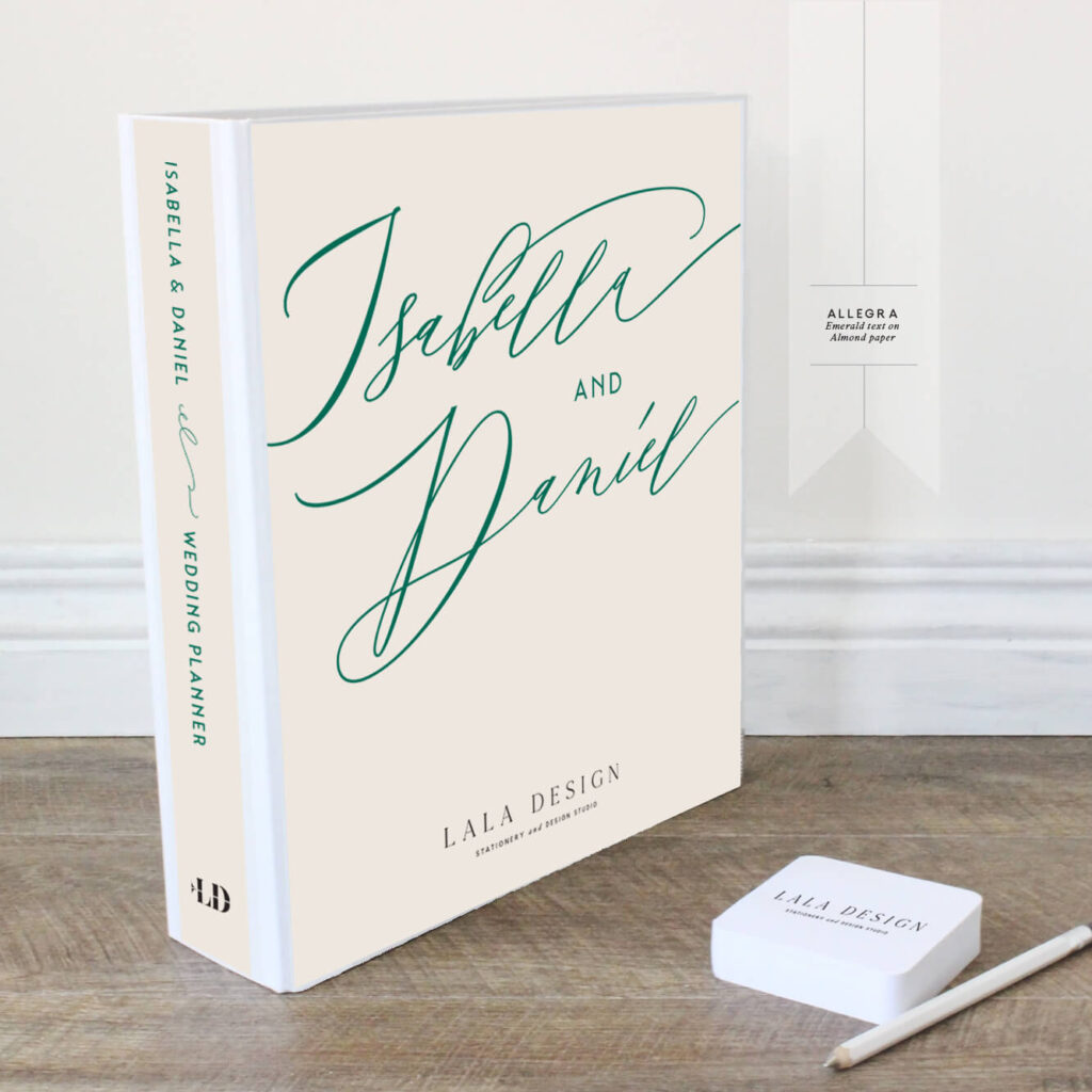 Allegra Wedding Planner | Lala Design Perth WA | Emerald text on Almond