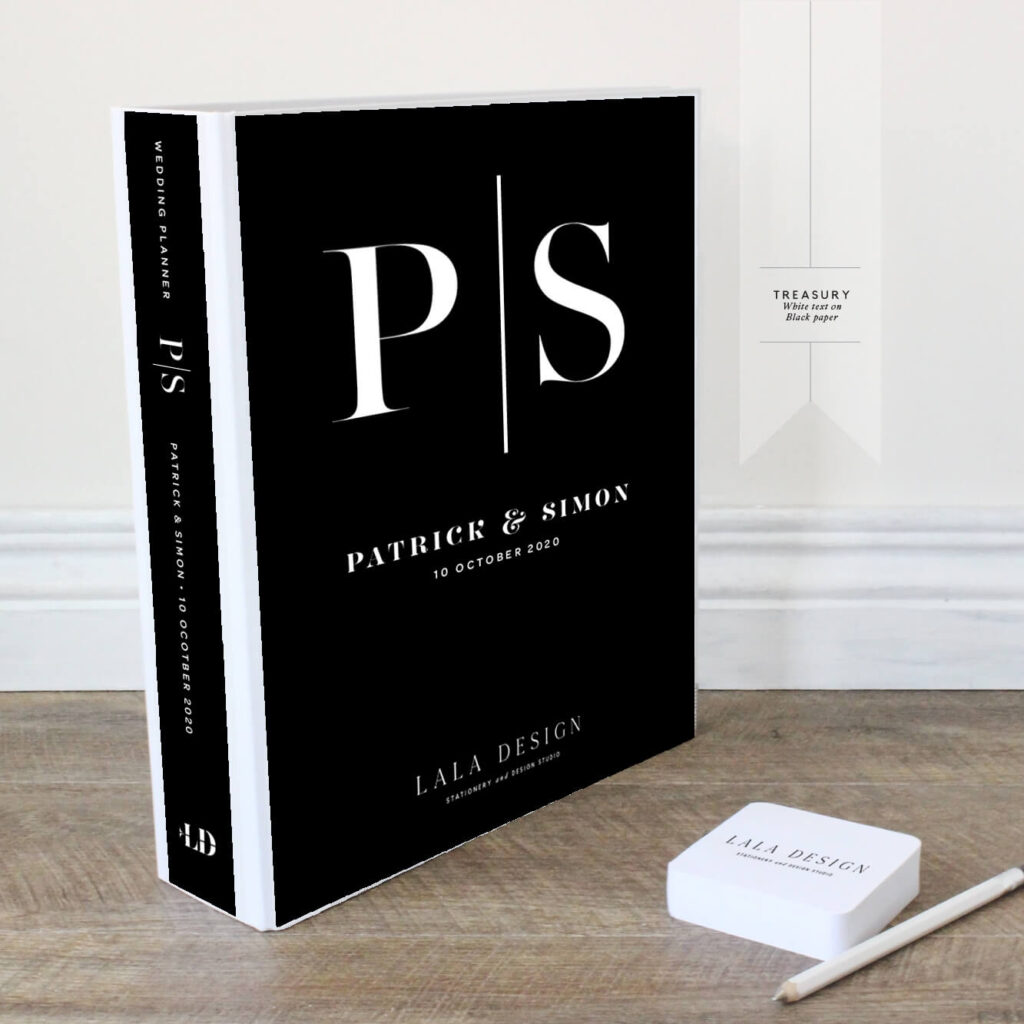 Treasury Wedding Planner File | Lala Design Perth WA | White text on black paper
